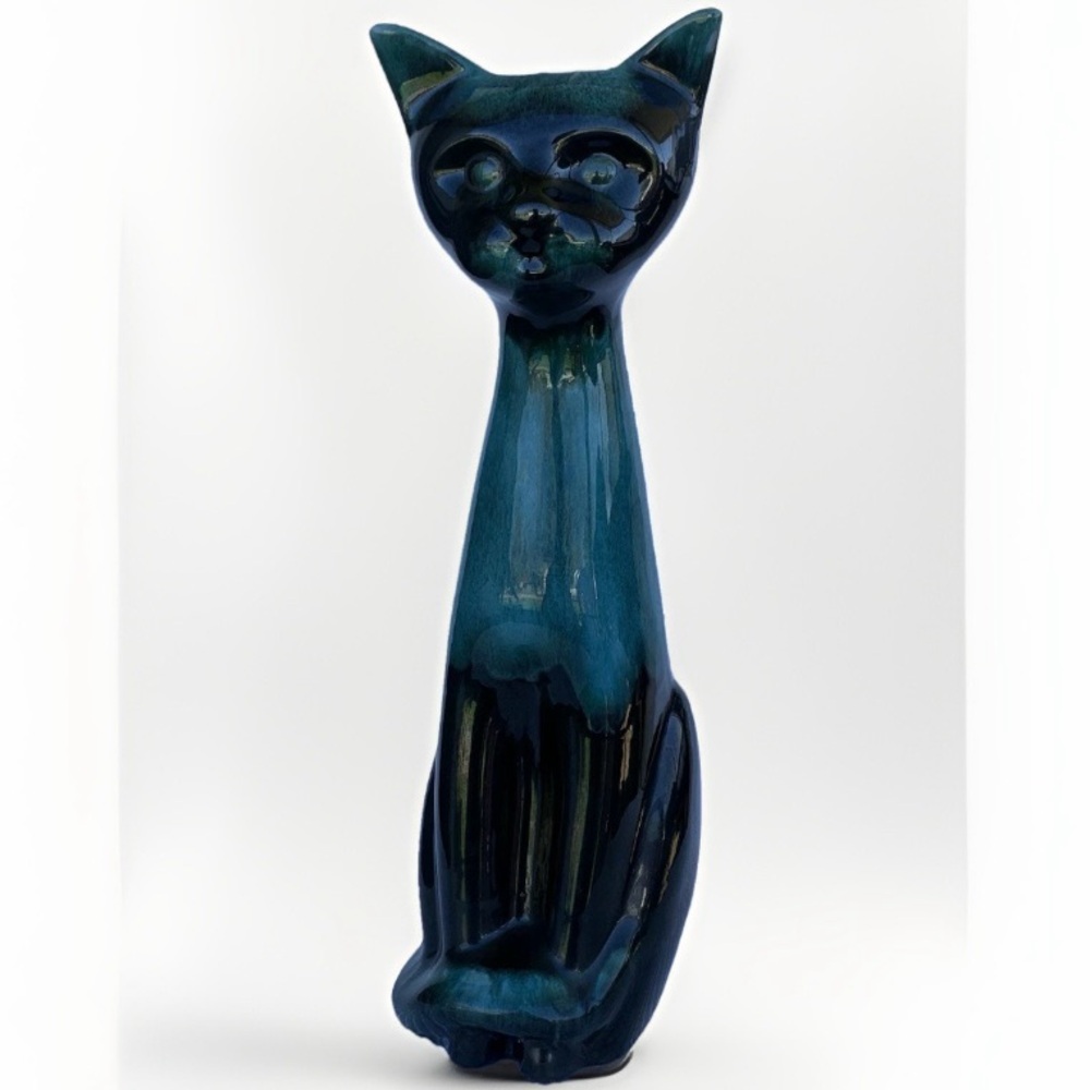 Large Mid Century Modern Blue Mountain Pottery Green & Black Cat Figurine 14”
